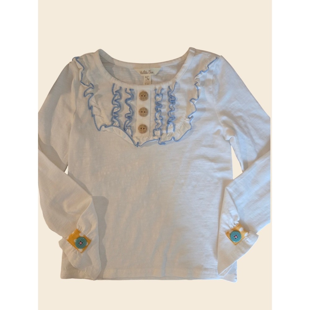Matilda Jane Girls White Ruffle Bib Long Sleeve Top Blue Trim Wood Buttons 4